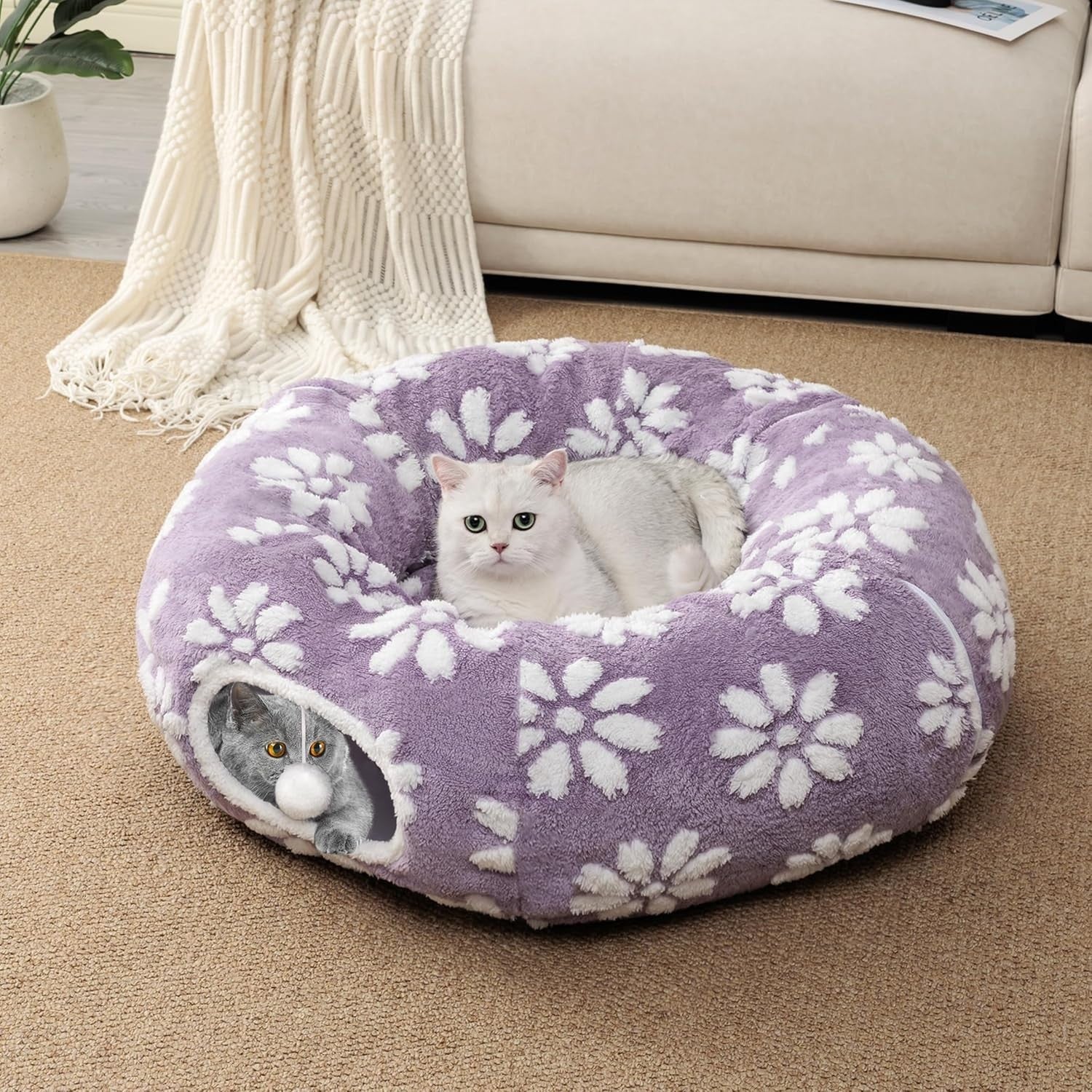 Cat Donut Tunnel Bed Peekaboo Cave w Cushion & Hanging Ball Purple