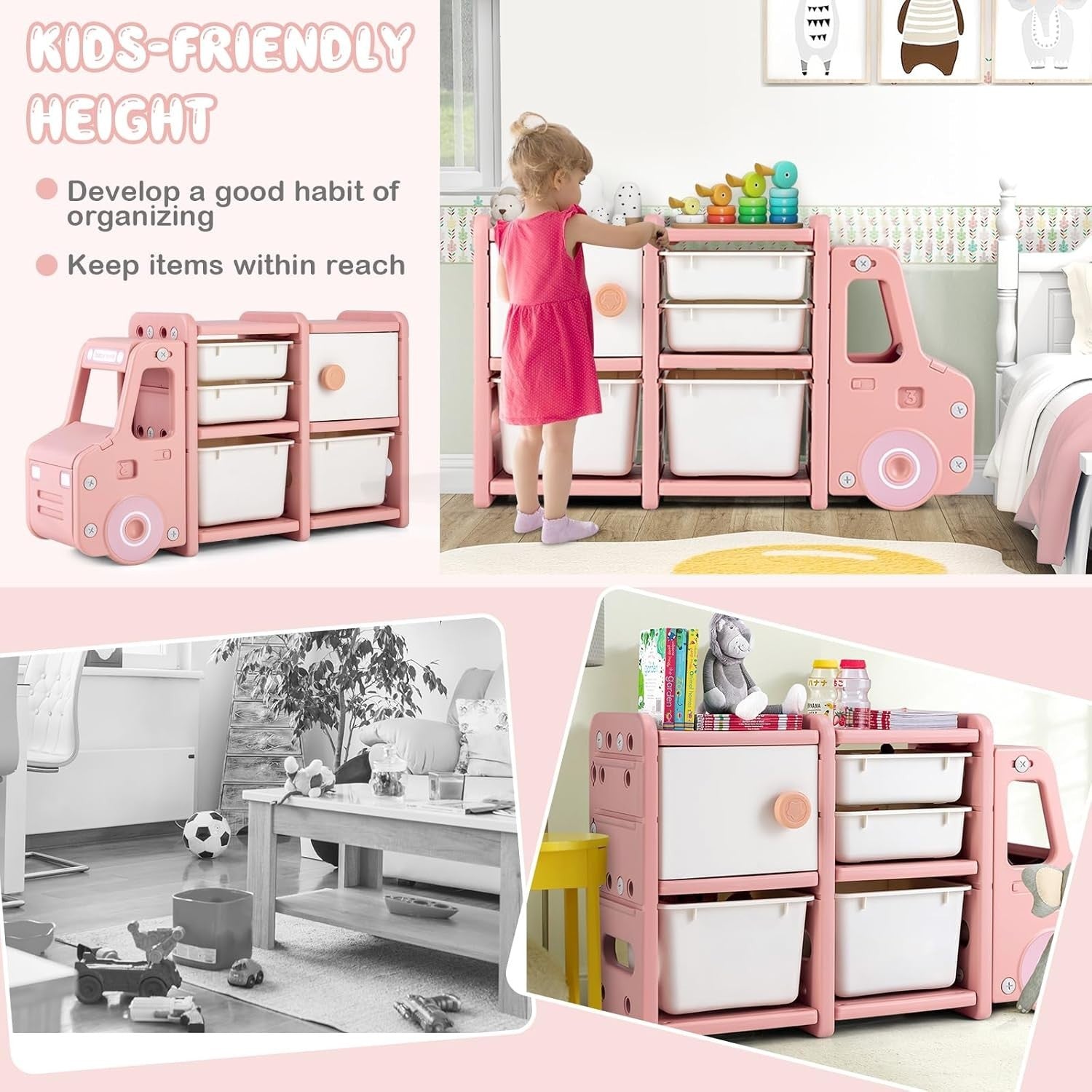 Kids Toy Storage Unit Car Shape with Bins Drawers & Cabinets 112x35x66cm
