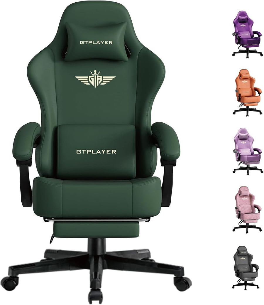 Ergonomic Gaming Chair w/ Footrest Recliner Faux Leather Green