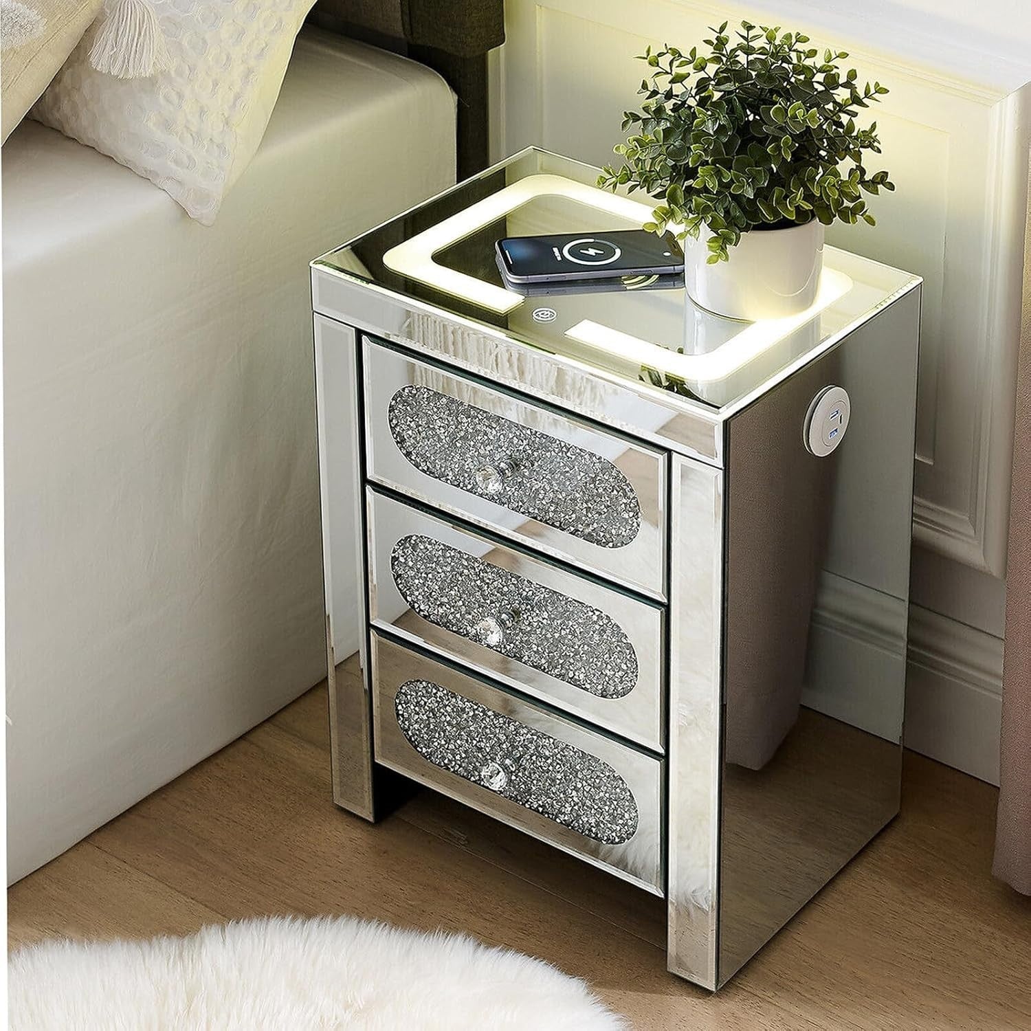 Silver Mirrored LED Bedside Table with Wireless USB Charging – 3 Drawer