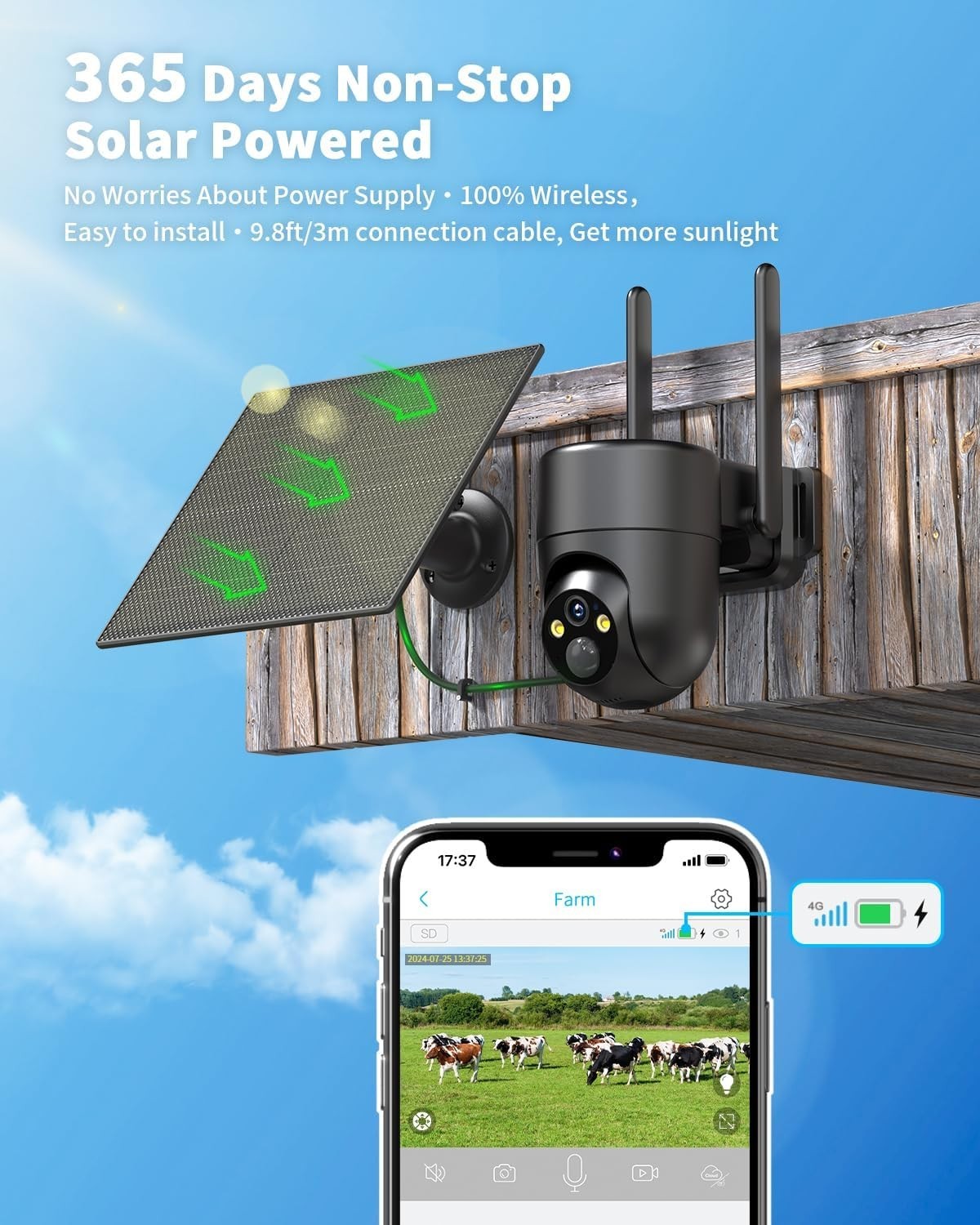 4G Solar Security Camera PTZ 2K HD SIM Card CCTV No WiFi
