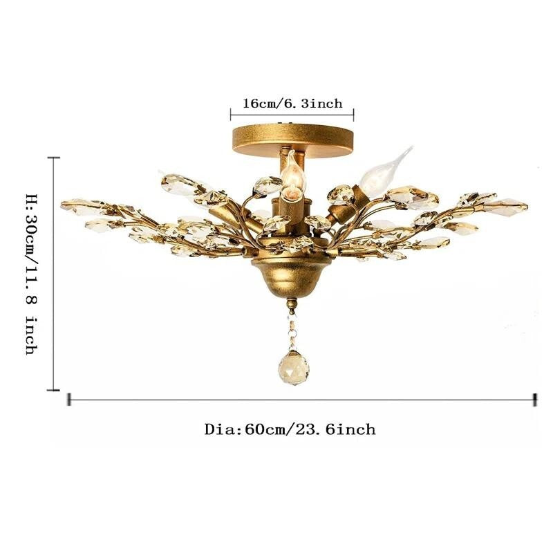 Gold Vintage Crystal Chandelier Flush Ceiling Light E14 Pendant 4-Light