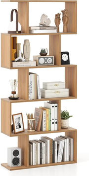 S Shaped 5 Tier Wooden Bookcase Freestanding Display Storage Shelf Natural