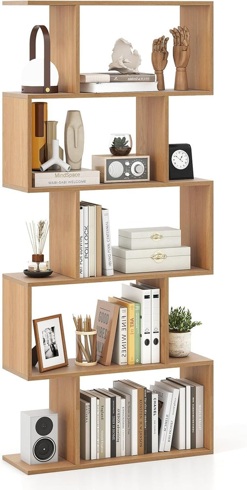 S Shaped 5 Tier Wooden Bookcase Freestanding Display Storage Shelf Natural