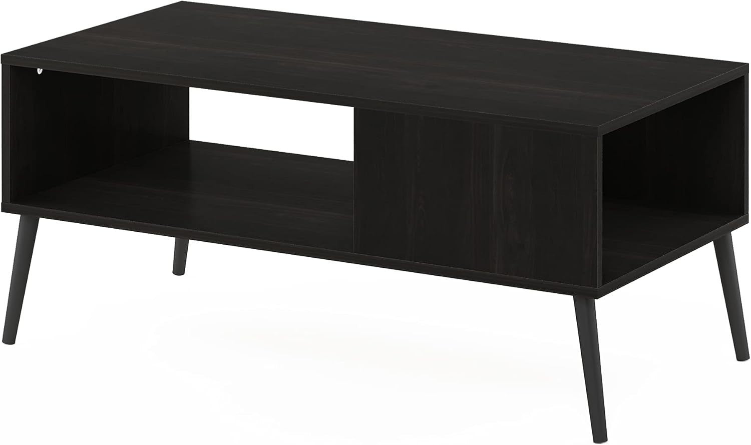 Mid Century Espresso Coffee Table with Wood Legs & 3 Open Shelves 101x50cm