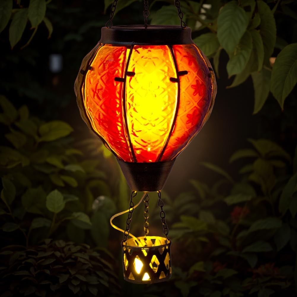 Hot Air Balloon Solar Lantern Flame LED Glass Garden Decor
