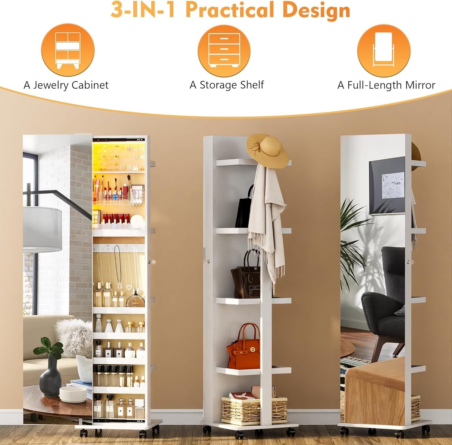 White 360° Rotating LED Jewelry Cabinet Mirror Lockable Rolling Storage