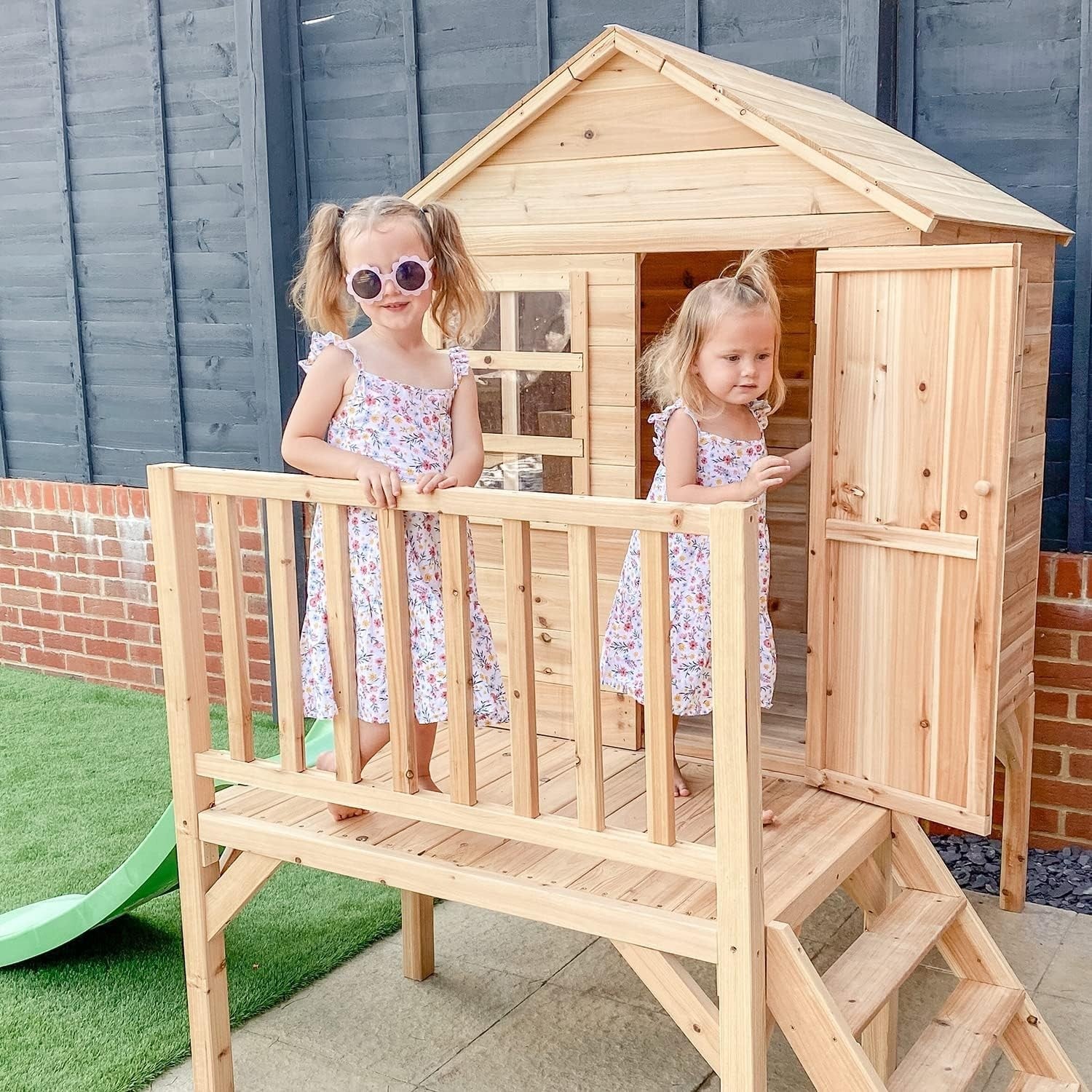 Wooden Kids Playhouse Tower with Slide Outdoor Garden Play Set