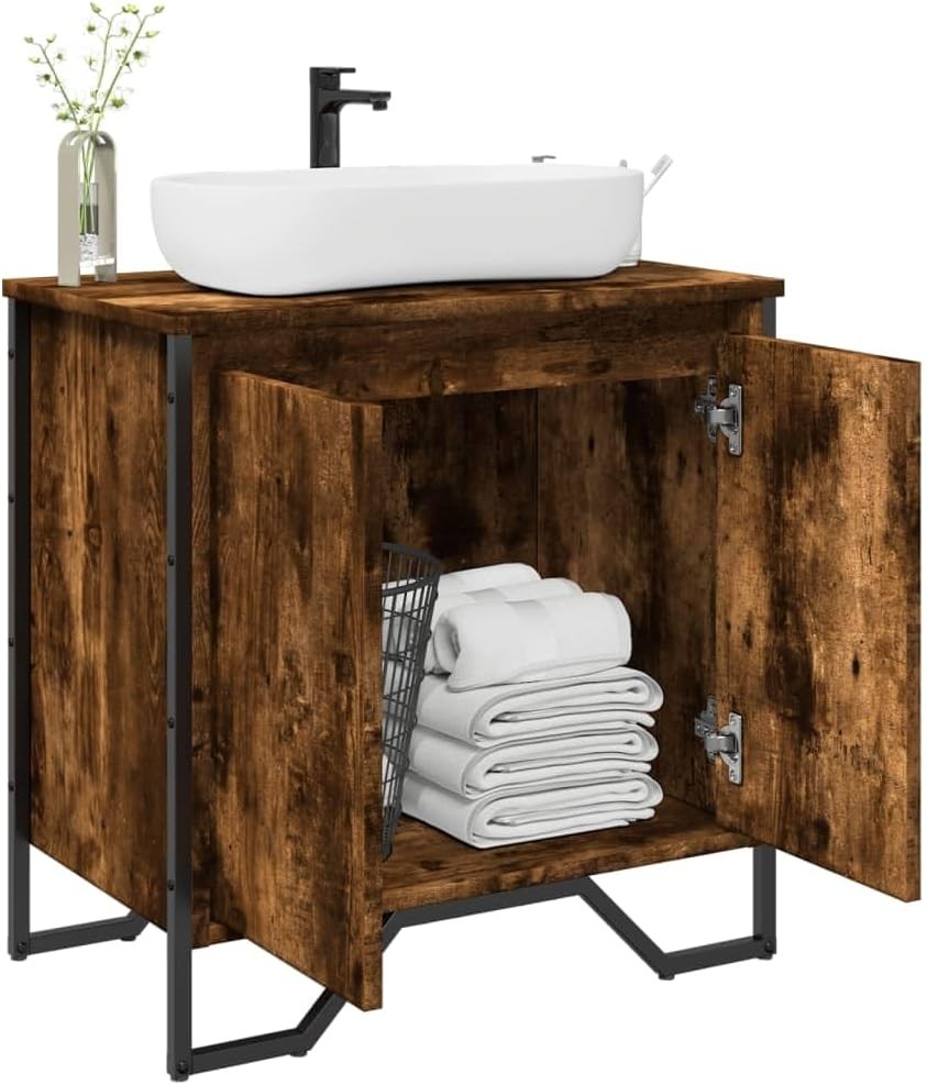 Smoked Oak Bathroom Vanity Unit – Modern Under Sink Storage Cabinet 60x60cm