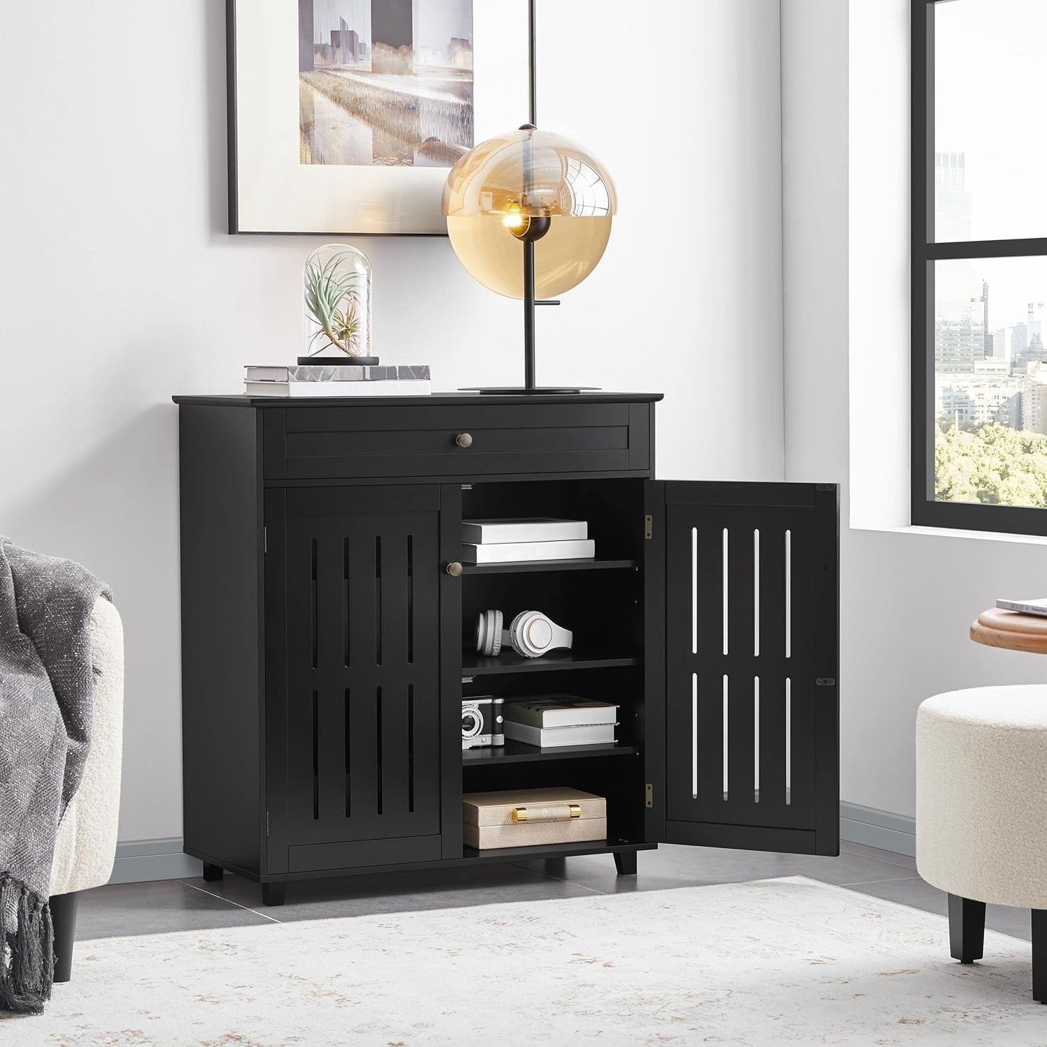 4-Tier Black Shoe Cabinet with Drawer & Adjustable Shelves – Space Saver