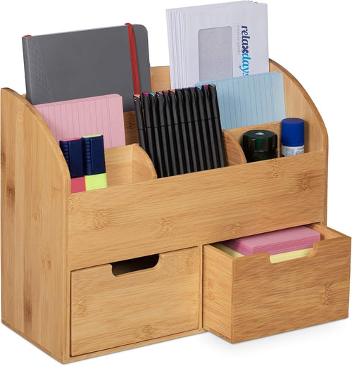 Desk Organizer Bamboo 6 Compartments 2 Drawers Office Storage Box
