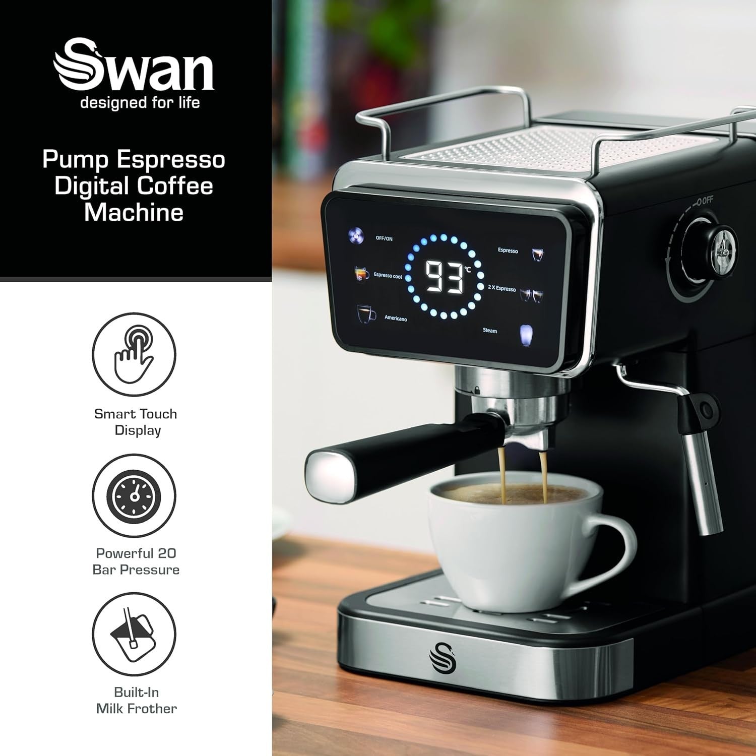 Digital Espresso Coffee Machine 20 Bar Pump Milk Frother Touch Controls 1.5L