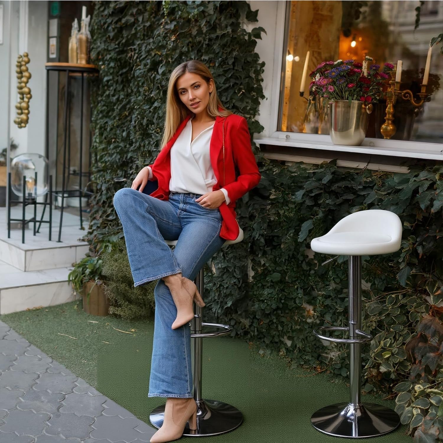 Adjustable Swivel Bar Stools Set of 2 Faux Leather Counter Chairs White