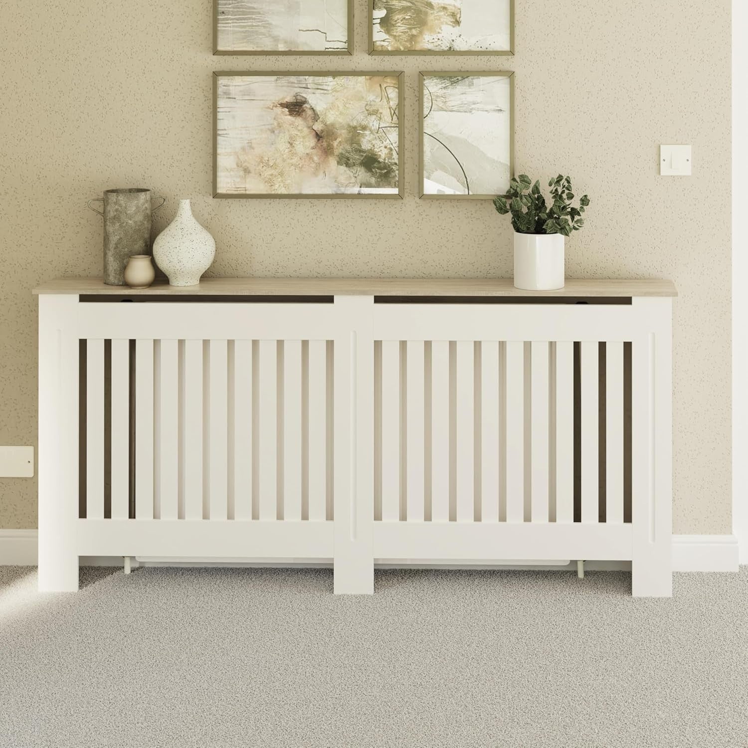 White Radiator Cover Cabinet XL | MDF Vertical Slat Wood Shelf