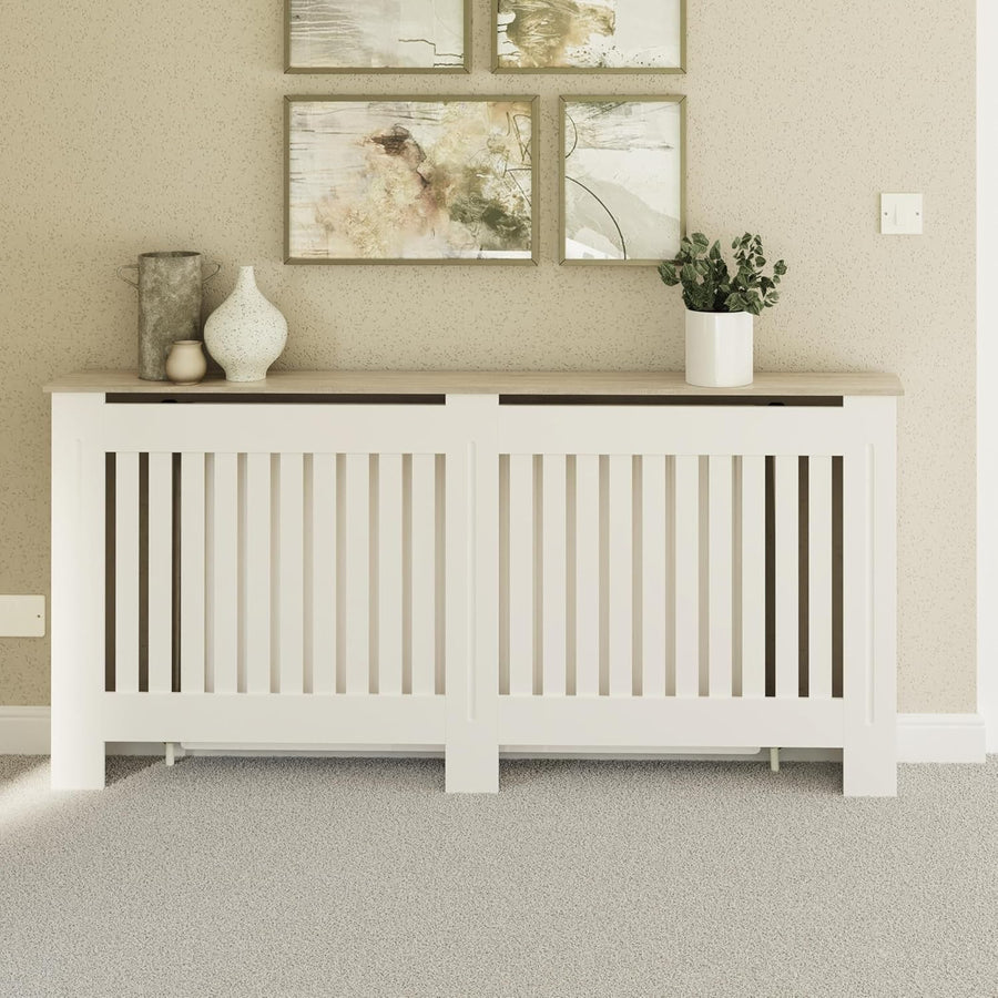 White Radiator Cover Cabinet XL | MDF Vertical Slat Wood Shelf