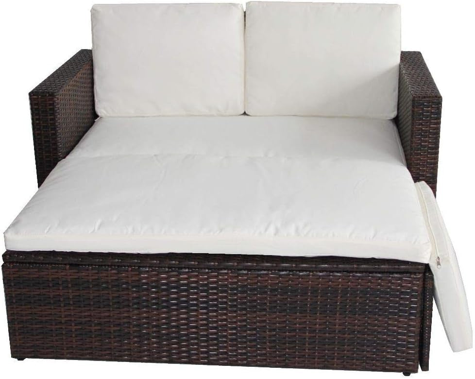 Brown 2-Seater Rattan Outdoor Lovebed with Cushions & Adjustable Footstool