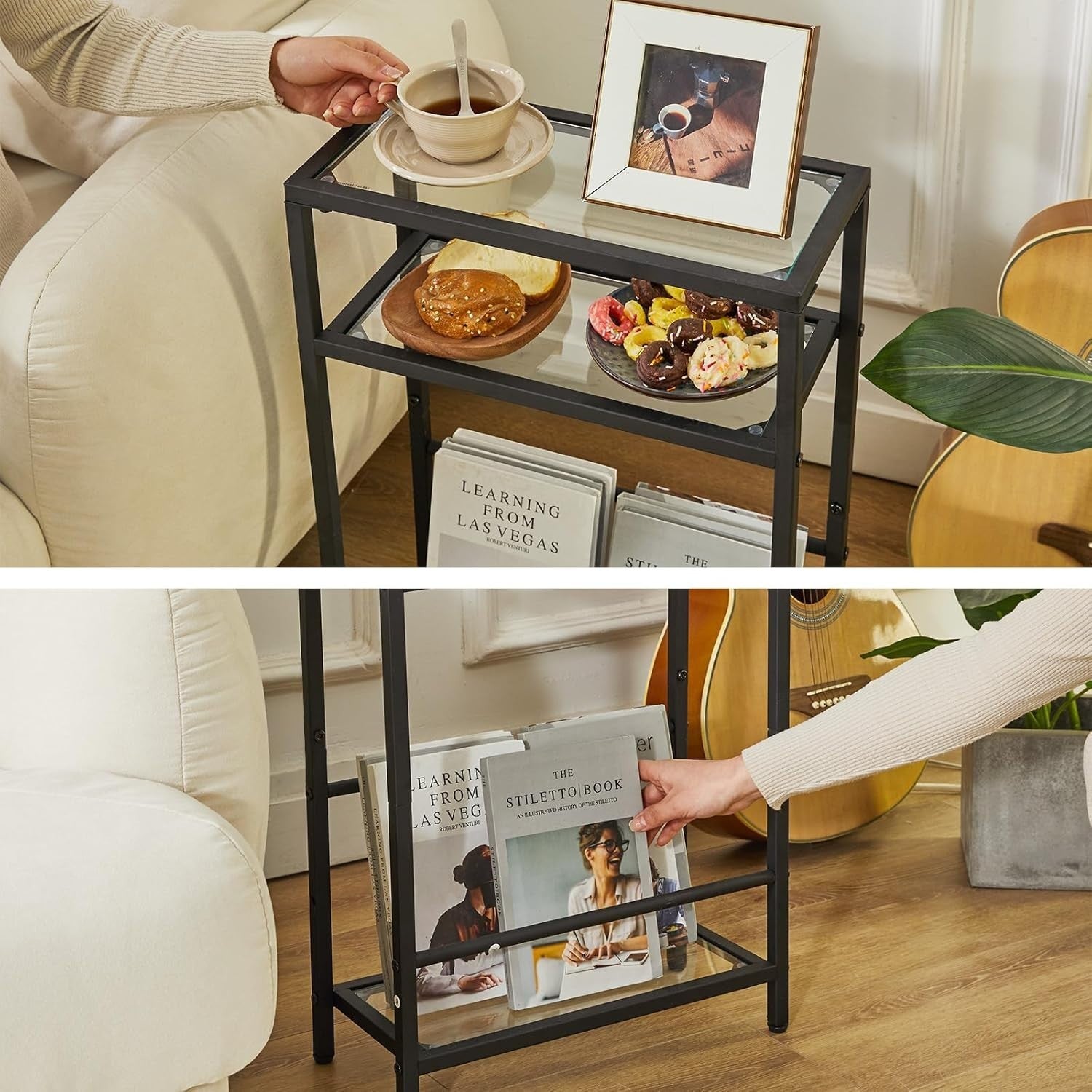 Slim Glass Side Table 3 Tier Narrow Black End Shelf for Sofa Bed Small Space