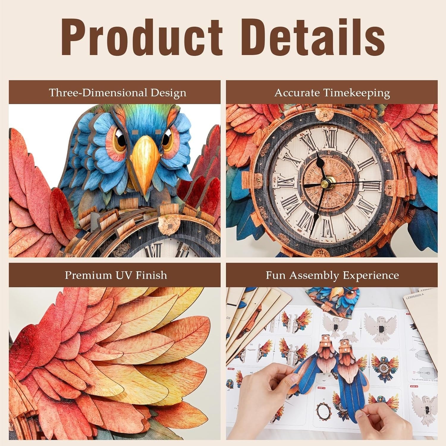 3D Wooden Parrot Clock Puzzle with Pendulum & Chime - DIY Home Decor