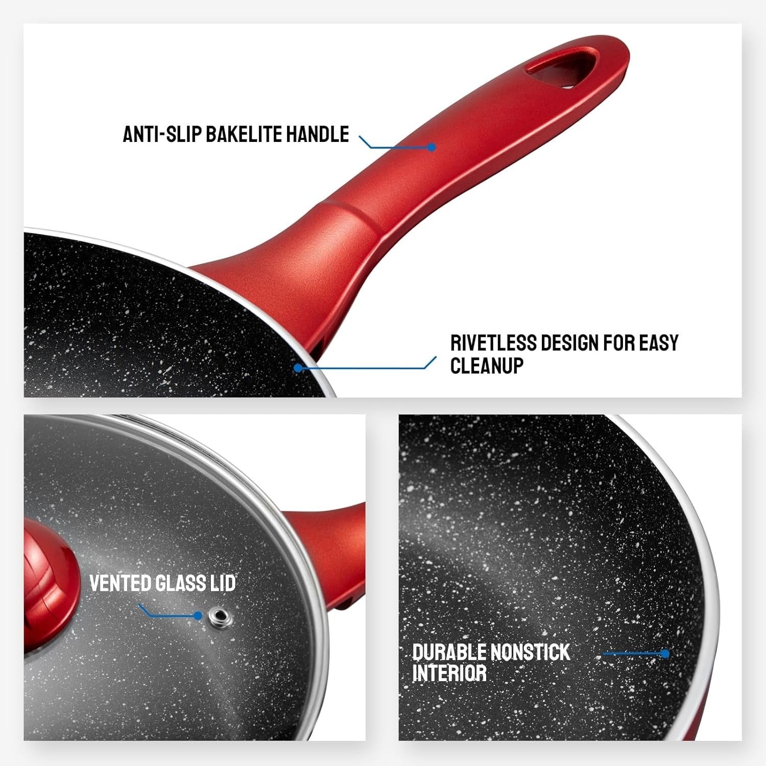 10Pcs Red Non Stick Cookware Set with Glass Lids, Induction Compatible