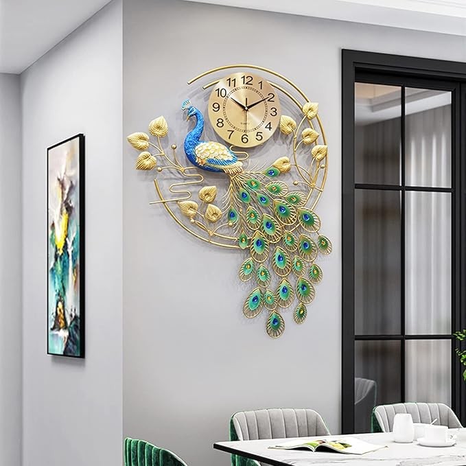 Luxury Peacock Wall Clock 156cm Metal Art Silent Modern Large Home Decor