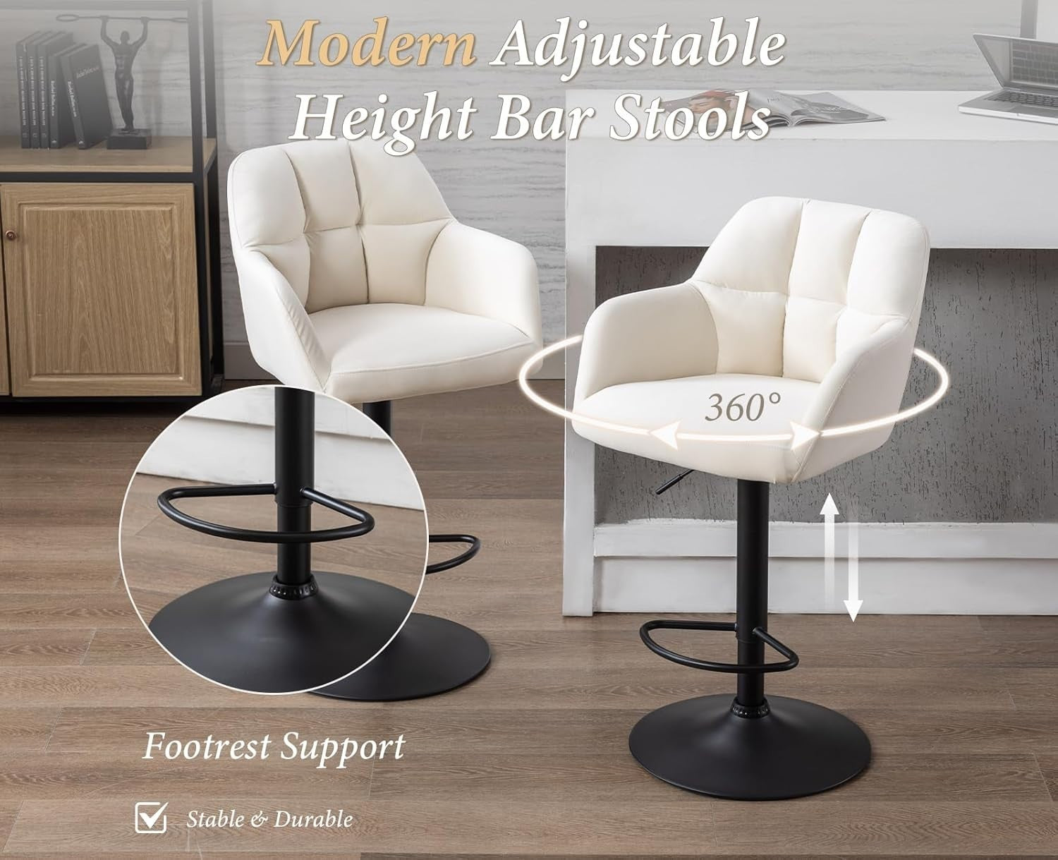 Set of 2 Velvet Swivel Bar Stools Adjustable Height Beige