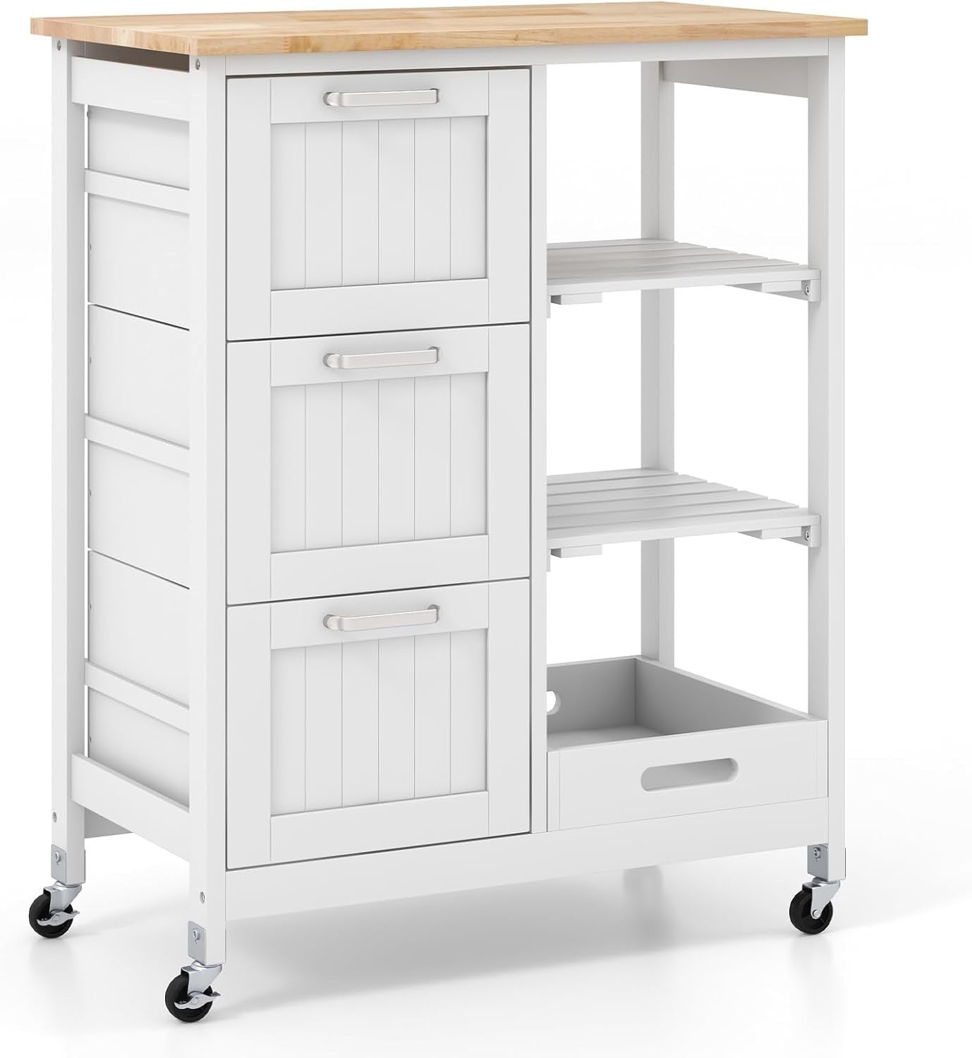 White Kitchen Island Trolley Rubber Wood Top 3 Drawers