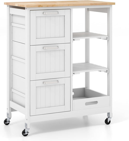 White Kitchen Island Trolley Rubber Wood Top 3 Drawers
