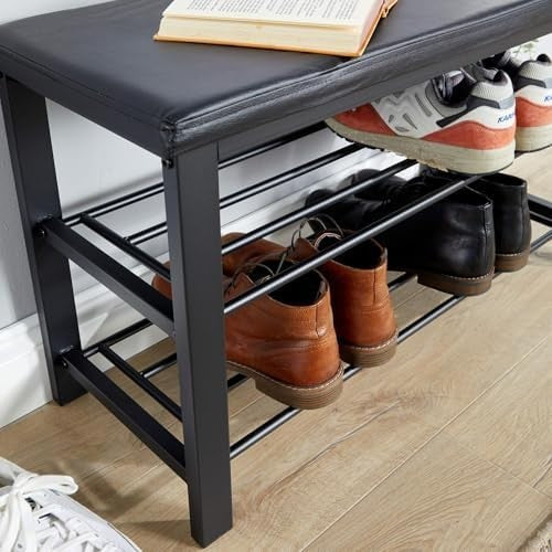 Black Shoe Storage Bench with PU Cushion & 2 Shelves – Metal Hallway Unit