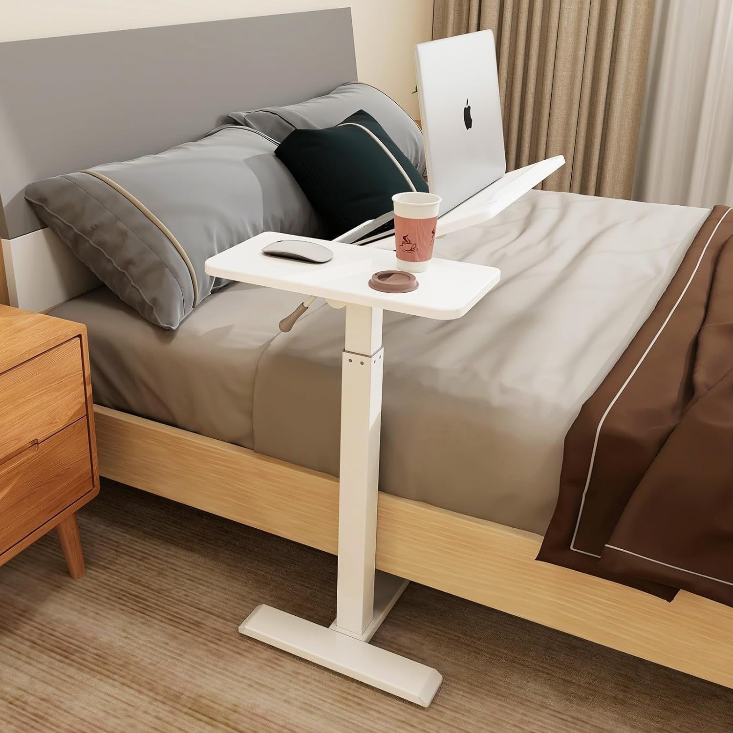 Adjustable Overbed Table with Wheels Split Top Laptop Desk Pneumatic