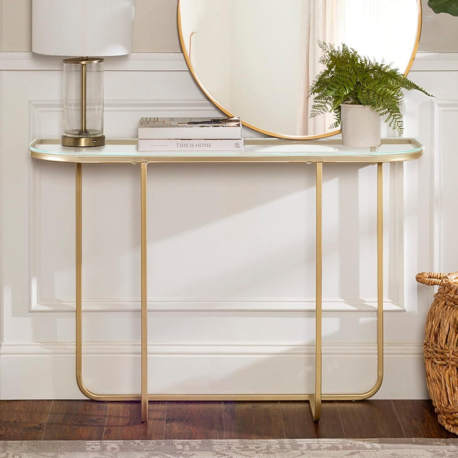 Modern Narrow Console Table with Glass Top & Curved Metal Legs, Stylish