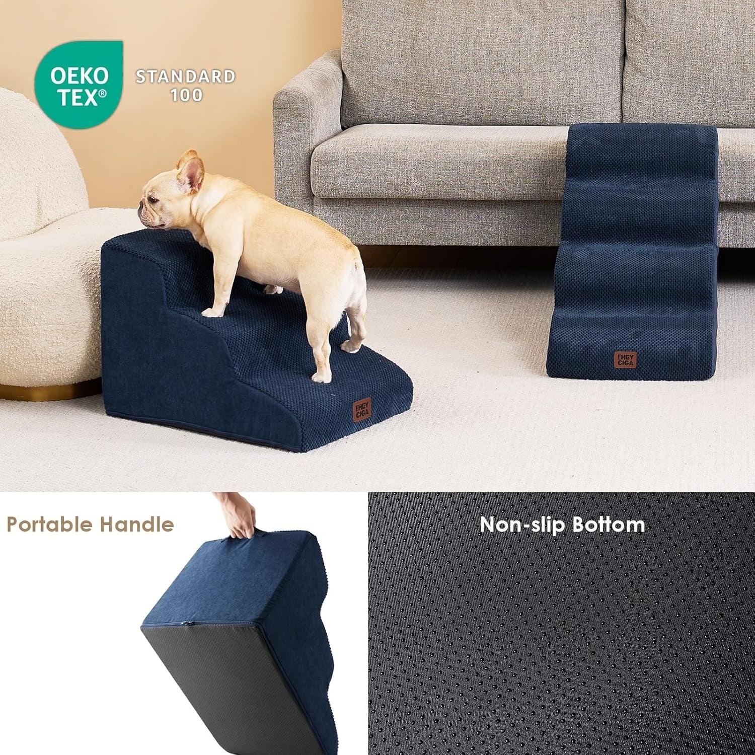 3 Step Dog Stairs for Bed Non Slip Foam Pet Steps Washable Navy