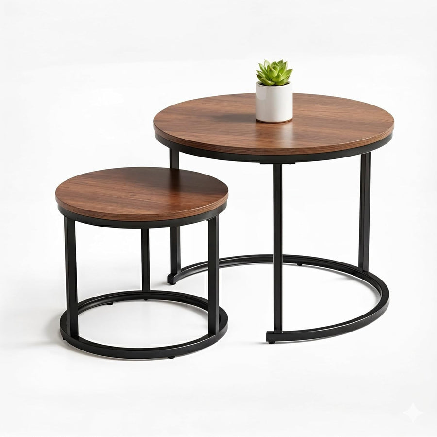 Round Wood Nesting Coffee Tables Set of 2, Stackable Side End Accent Table Brown