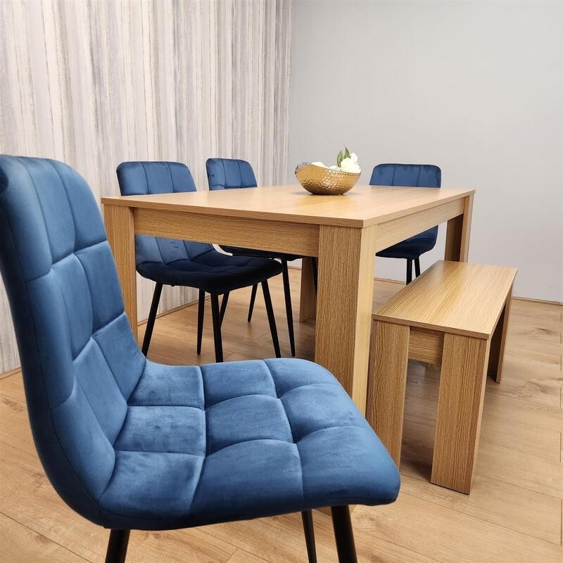 6 Seater Oak Dining Table Set with Blue Velvet Chairs & Wooden Bench