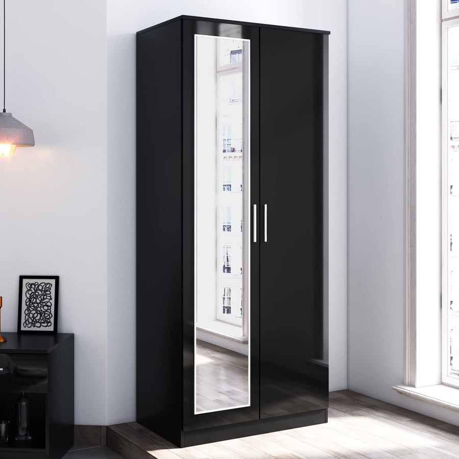 2 Door Mirror Wardrobe High Gloss Black Modern Bedroom Storage Unit
