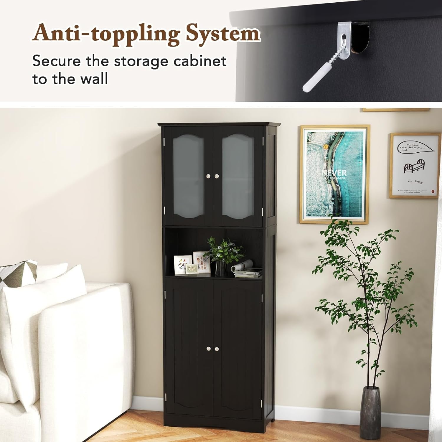 Black Wooden Tall Bathroom Cabinet with Glass Doors Adjustable Shelves
