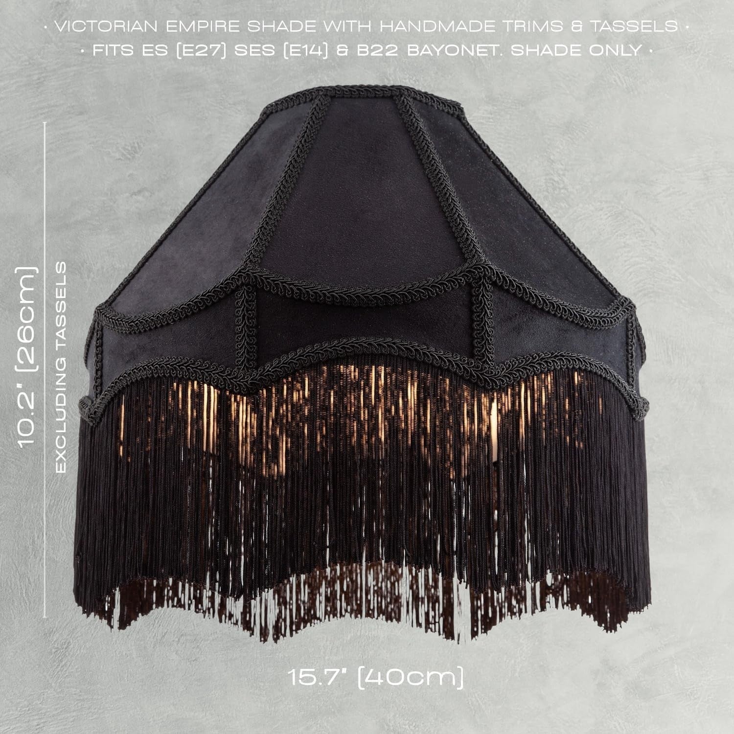 Victorian Empire Velvet Lampshade Jet Black Tassel Pendant 40cm