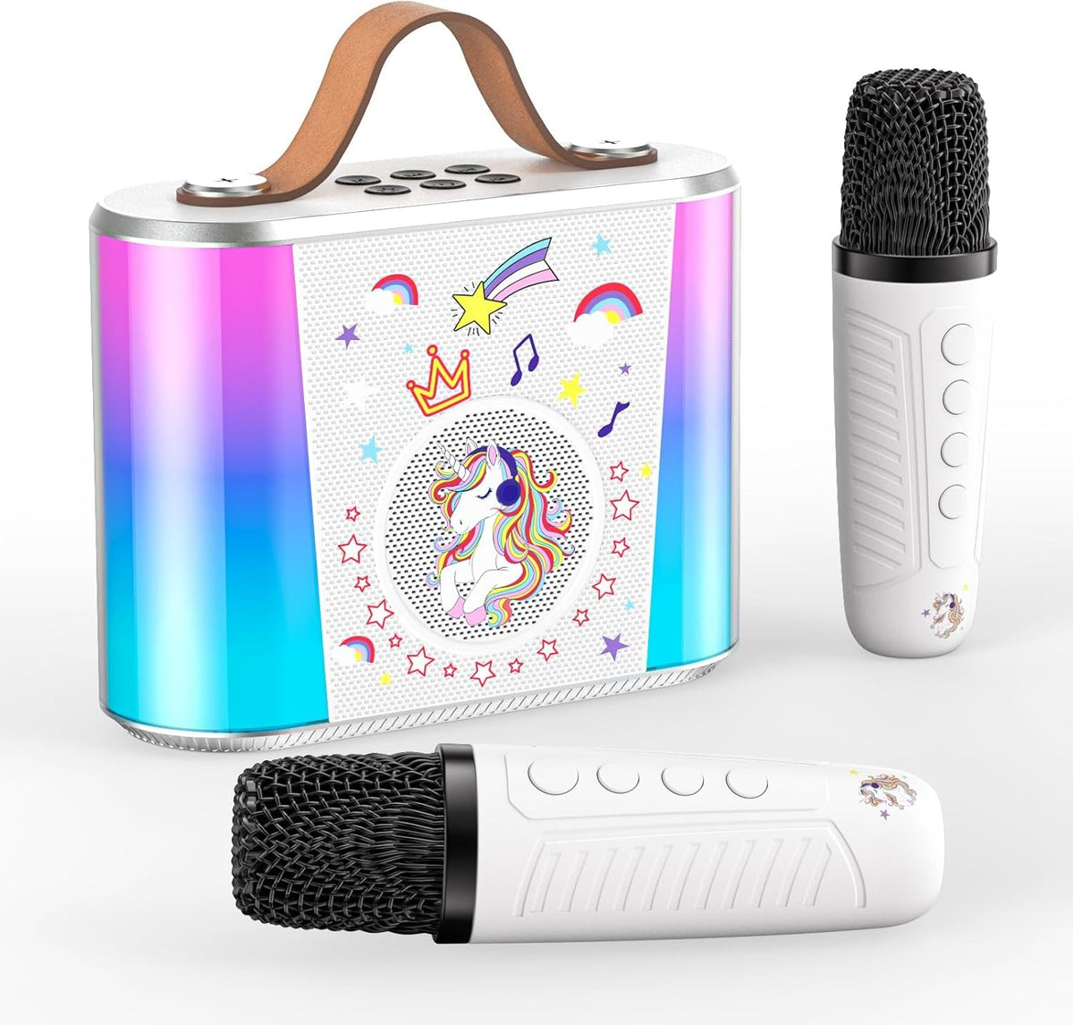 Mini Karaoke Machine Bluetooth 2 Wireless Mics LED Lights Kids White
