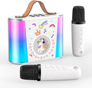 Mini Karaoke Machine Bluetooth 2 Wireless Mics LED Lights Kids White