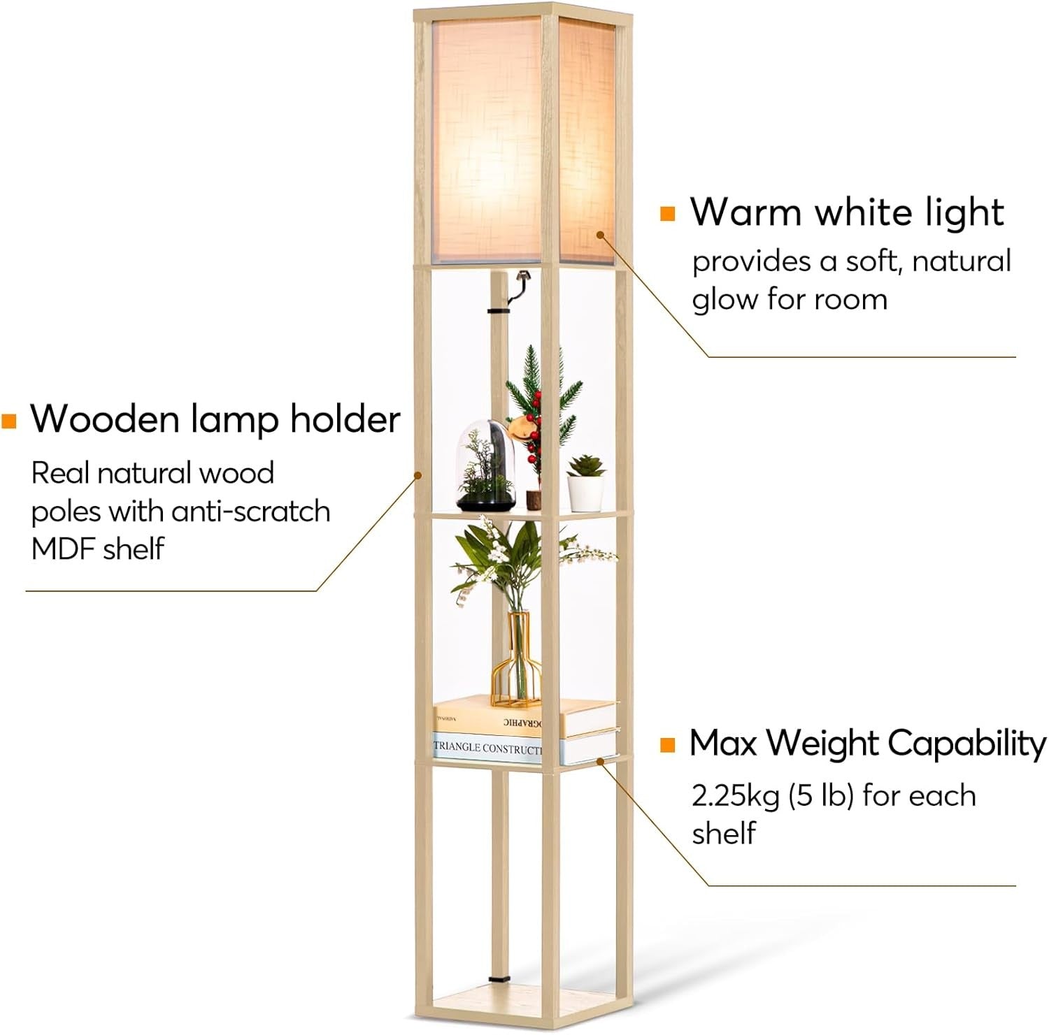 Floor Lamp With Shelves LED Wooden Storage Standing Light Living Room Bedroom