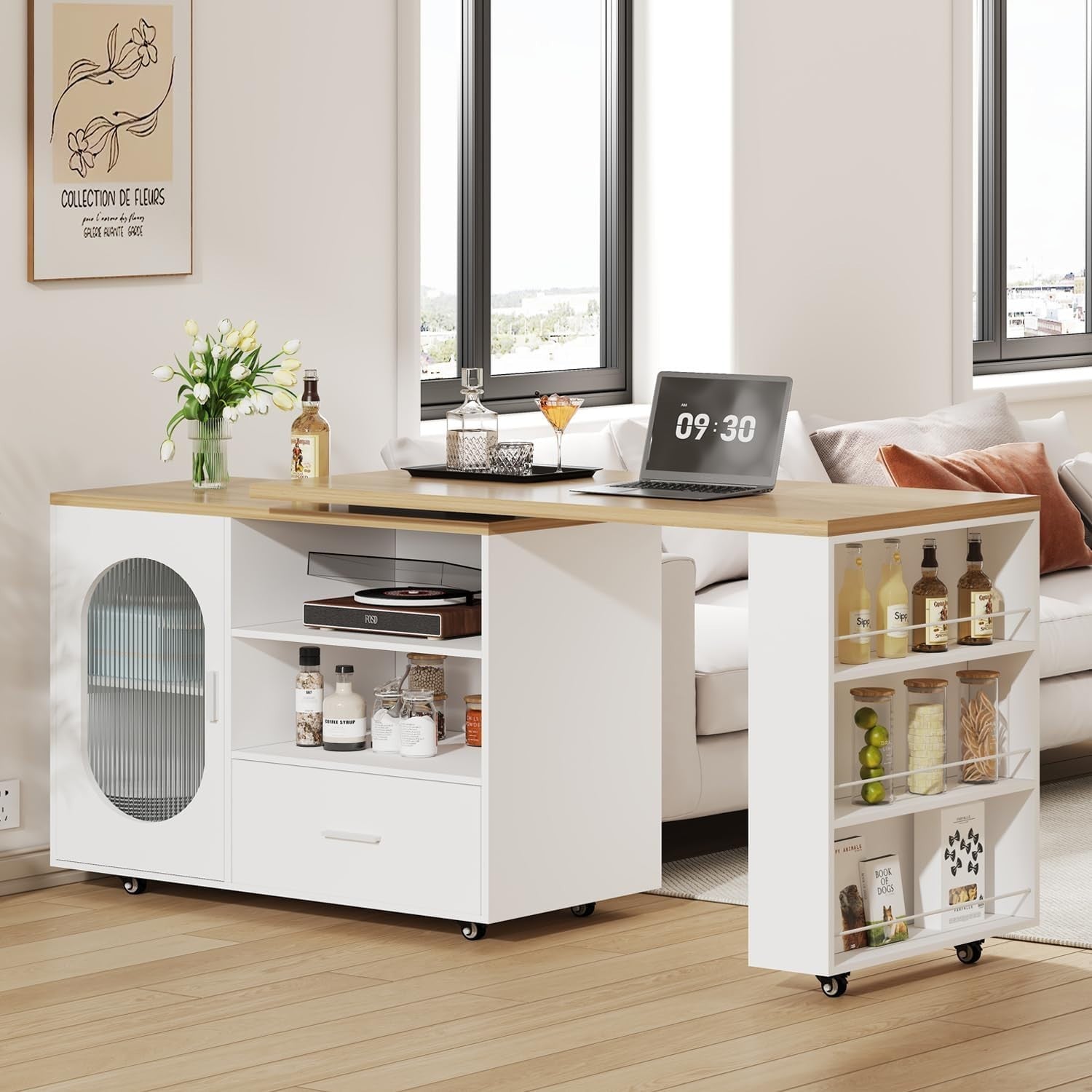 White Modern Kitchen Island on Wheels with 360° Rotating Top, Storage & Drawers