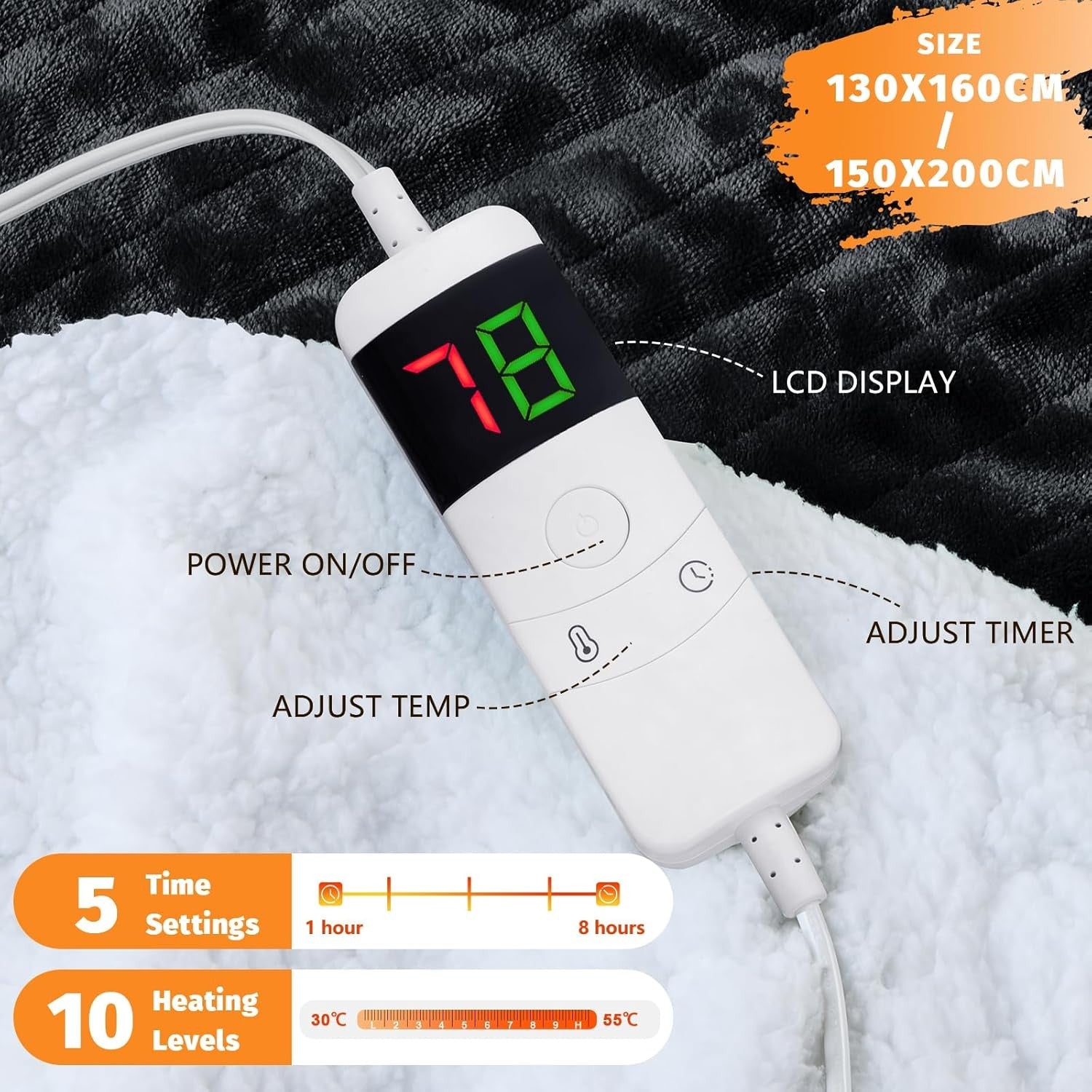 Electric Heated Throw Blanket Black Soft Fleece 10 Heat Levels Timer 130x160cm