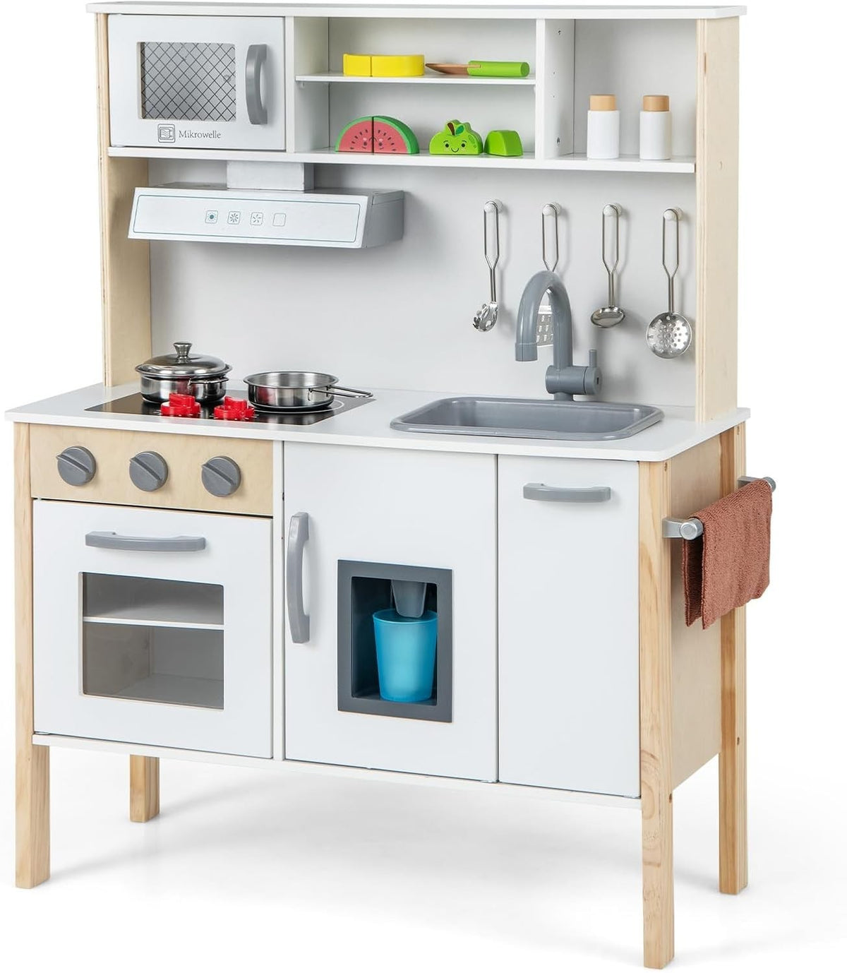 Wooden Kids Play Kitchen White Toy Set Microwave Oven Ice Maker Sound