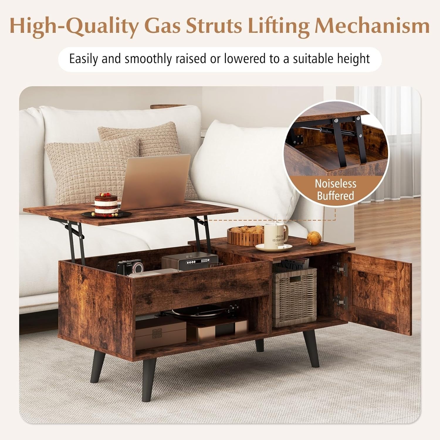 Lift Top Coffee Table with Storage, Adjustable Height, Rustic Brown Wood Finish
