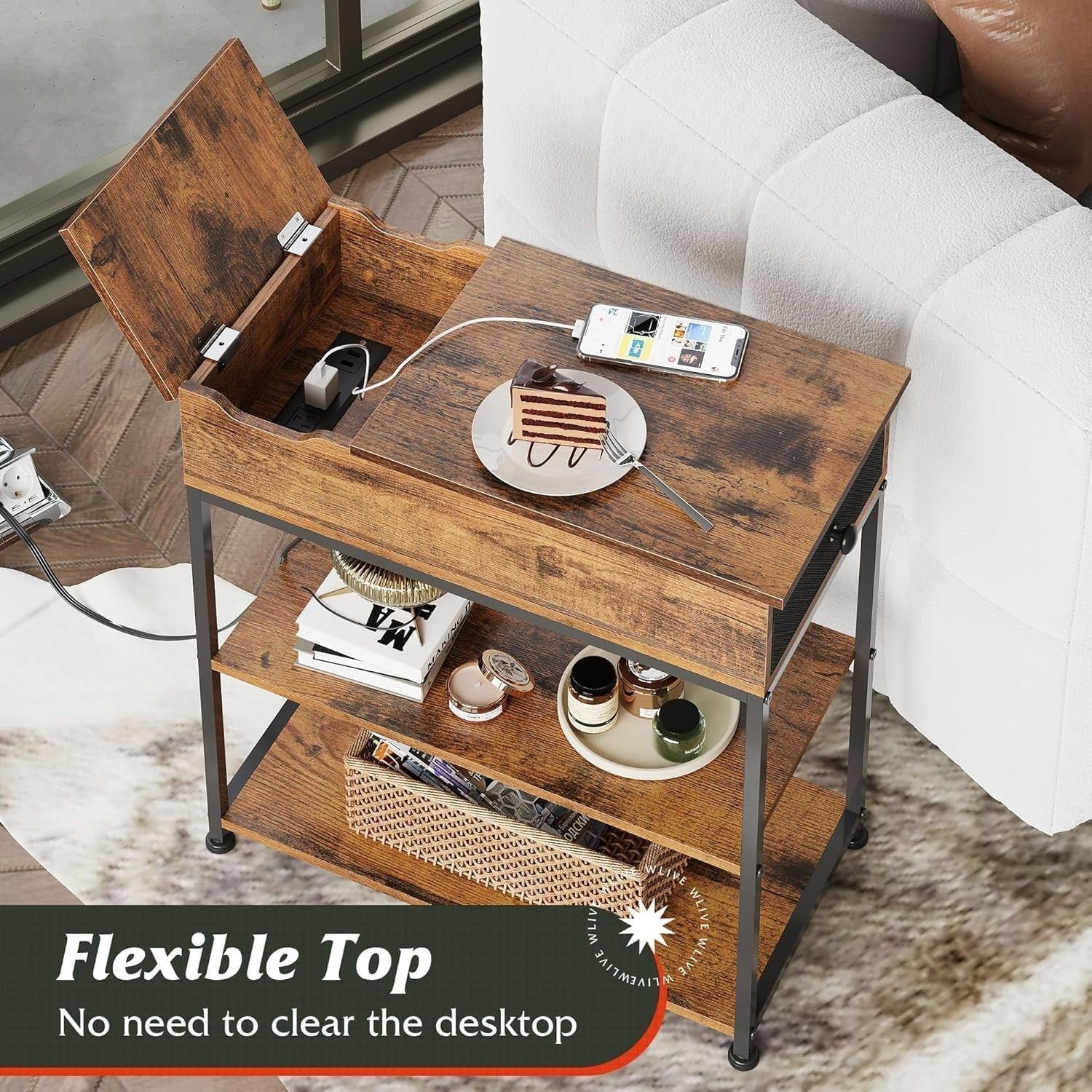 Narrow Side Table with Charging Station, USB & AC Outlets, Storage Drawer
