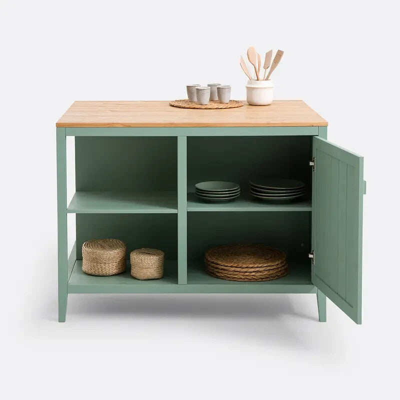 Solid Pine Kitchen Island 120x90cm Bar Table Storage Unit with Shelves