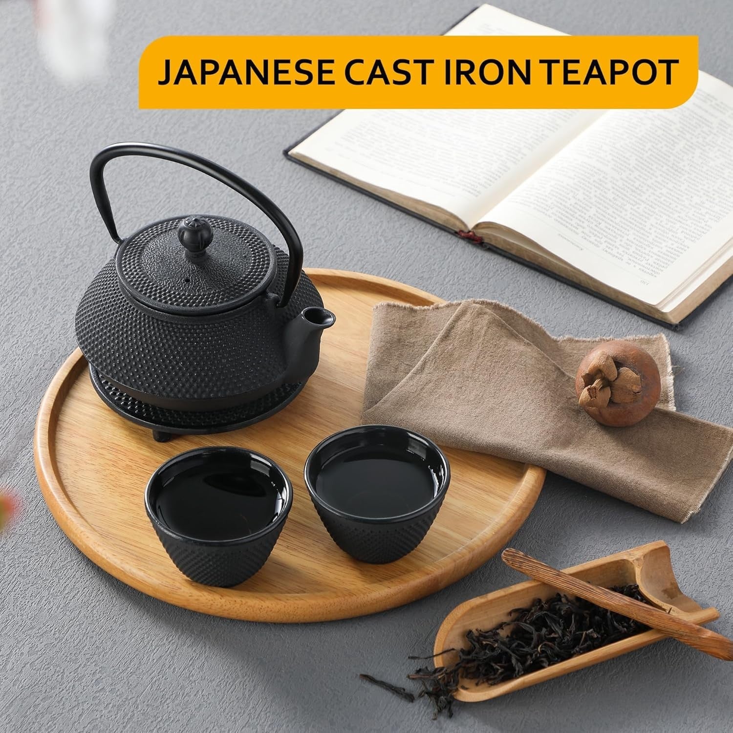 Cast Iron Japanese Teapot Set 700ml Tea Kettle Infuser Cups Tray