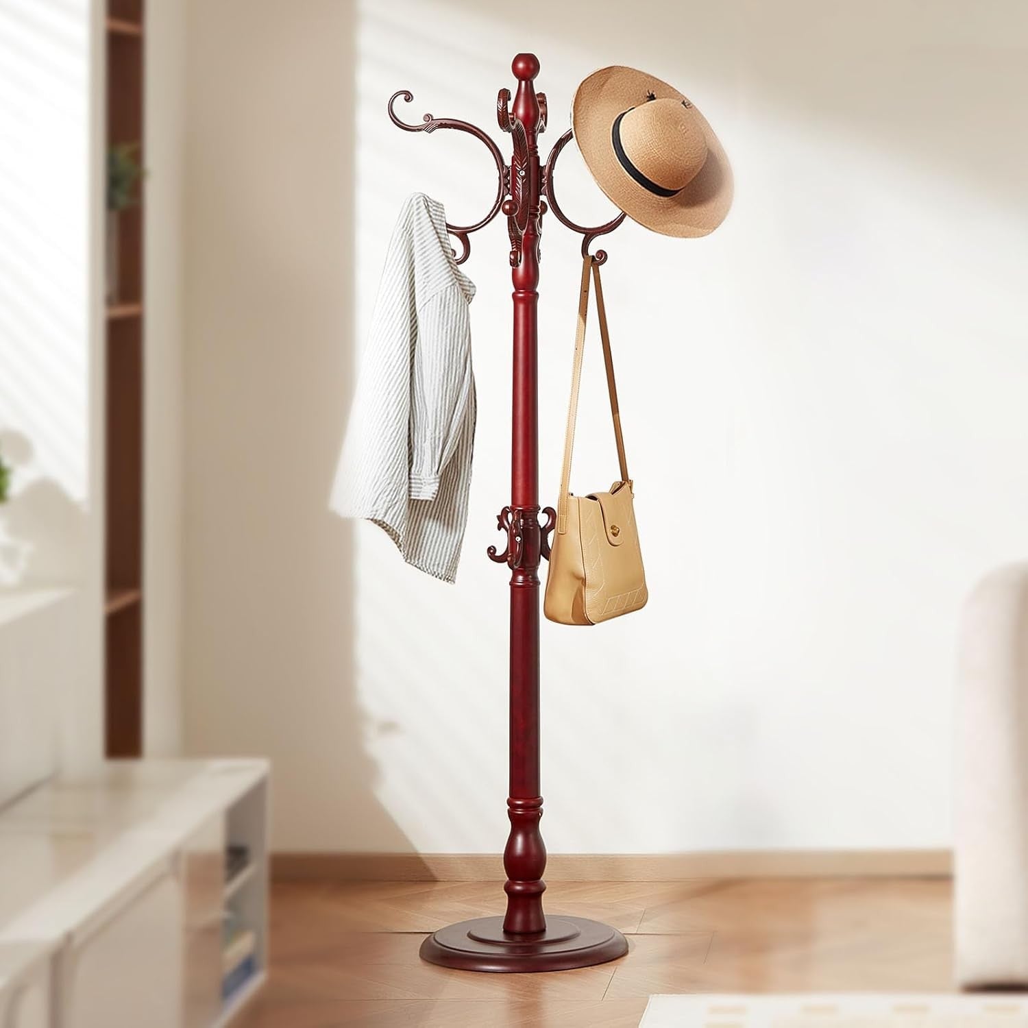 Freestanding Wooden Coat Rack Stand 11 Hooks Weighted Base Hall Tree