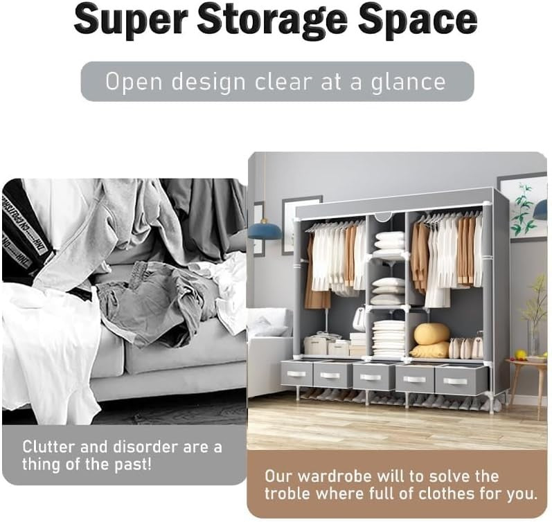 Large Grey Canvas Wardrobe 5 Drawers Hanging Rail Storage Unit 175cm