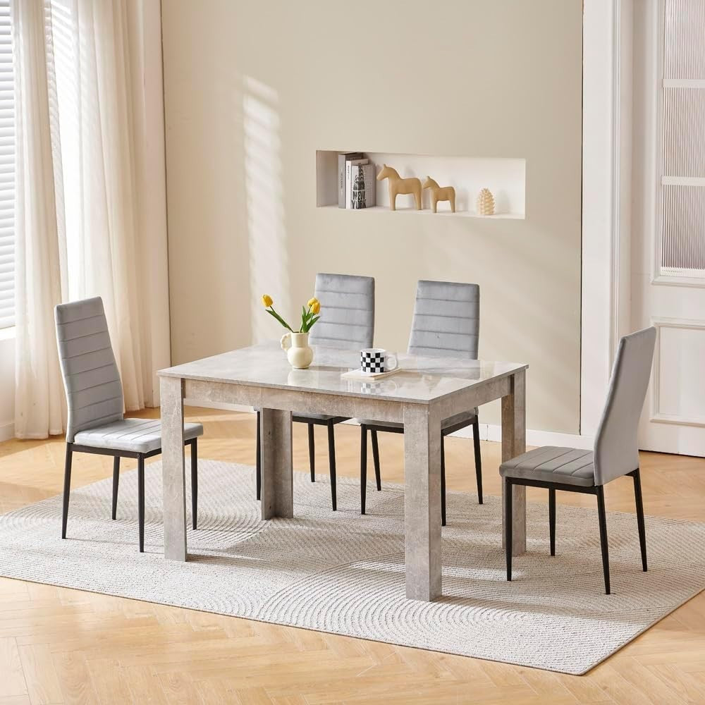 Modern 5-Piece Dining Set Grey Velvet Chairs & Marble Table Compact Kitchen