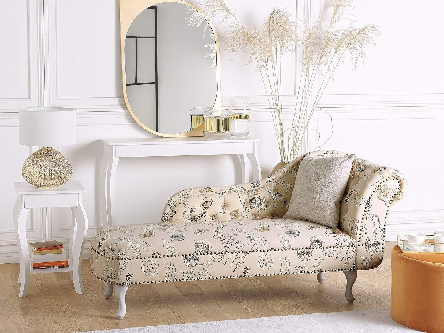 Vintage Right Hand Chaise Lounge Beige Polyester Fabric Tufted Backrest